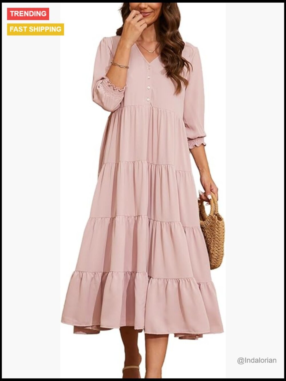 Polyester V-Neck Puff Sleeve High Waist Midi Dress Floral Boho Casual